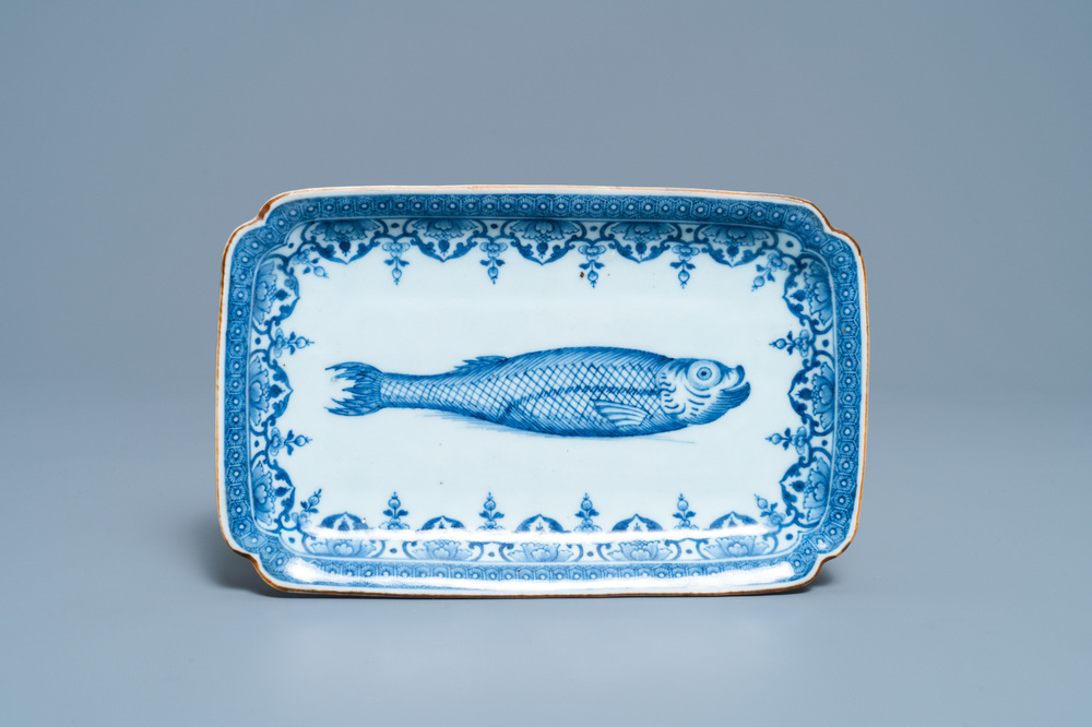 A Chinese rectangular blue and white 'herring' dish, Qianlong