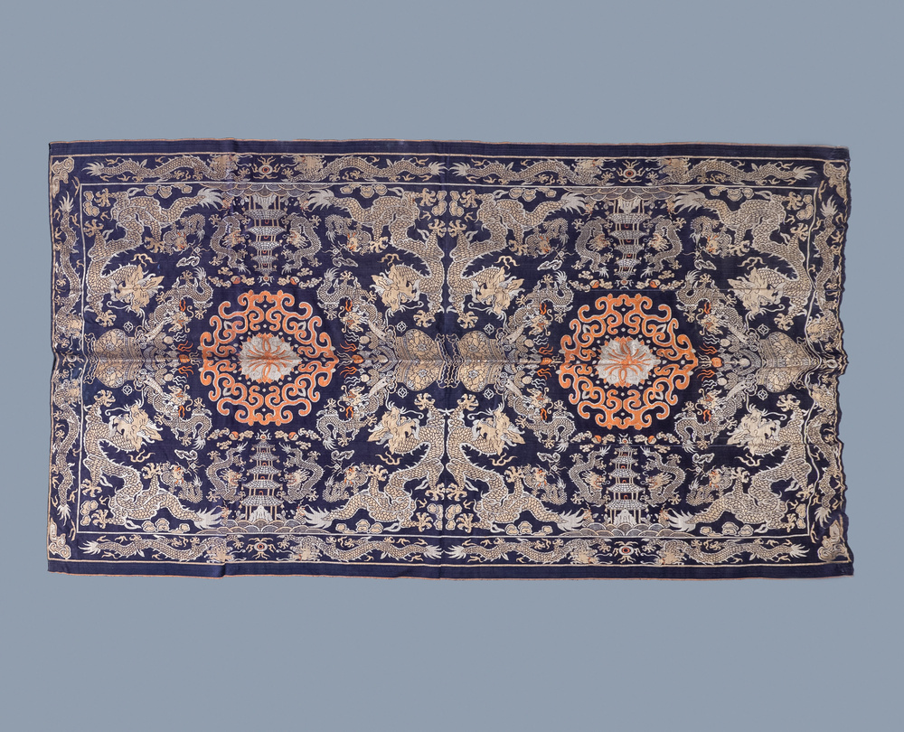 A large Chinese rectangular embroidered 'kesi' silk cloth, 18/19th C.