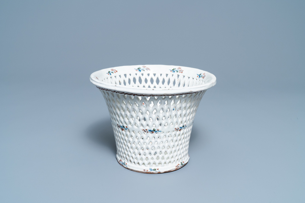 A large Brussels faience reticulated basket with '&agrave; la haie fleurie' design, 18th C.