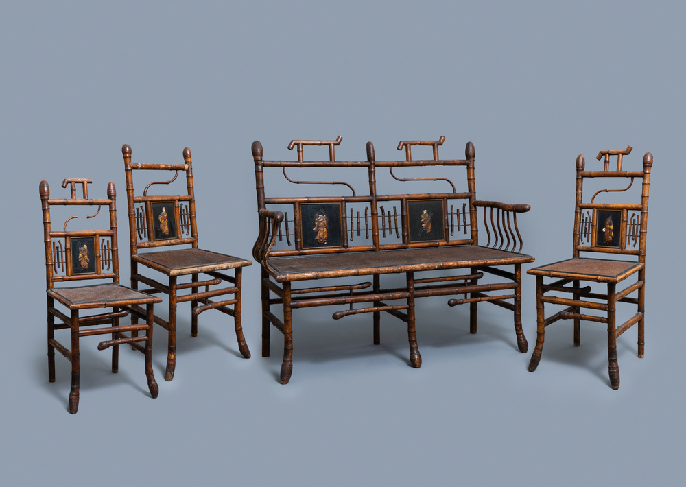 Three bamboo 'Japonism' chairs and a bench, probably Da&iuml; Nippon, Paris, late 19th C.