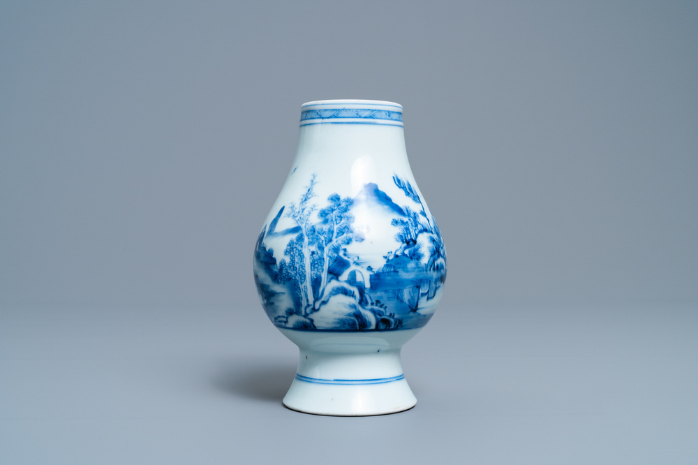 A Chinese blue and white vase with a landscape with figures, Yongzheng mark and of the period