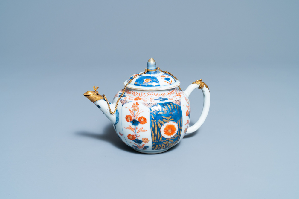 A Chinese gilt-mounted Imari-style teapot and cover, Kangxi
