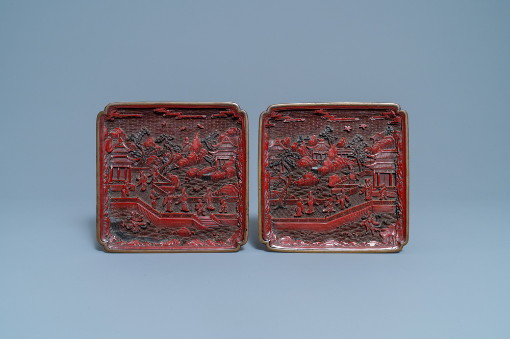 A pair of Chinese black and red cinnabar lacquer square dishes, Qianlong mark and of the period