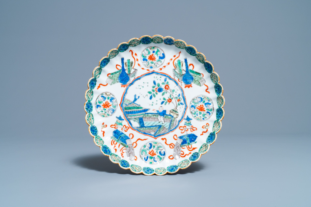 A lobed Chinese famille verte dish with a boy, Kangxi