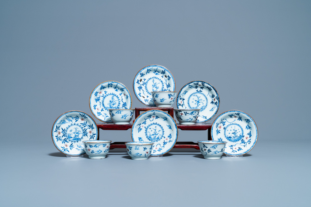 Six Chinese blue, white and copper red cups and saucers, Kangxi