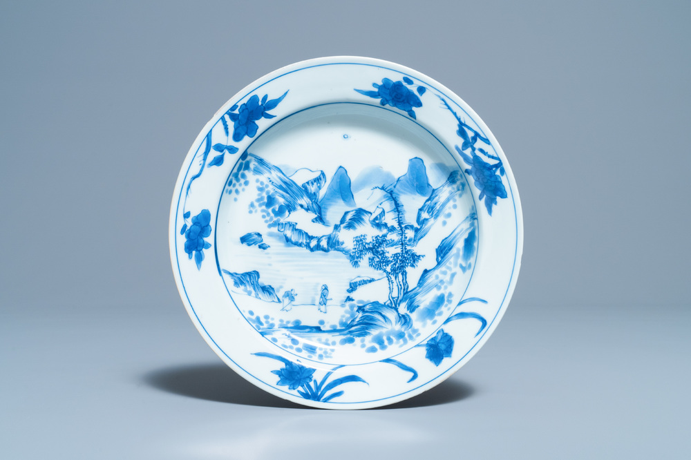 A Chinese blue and white 'Master of the Rocks' plate, Kangxi