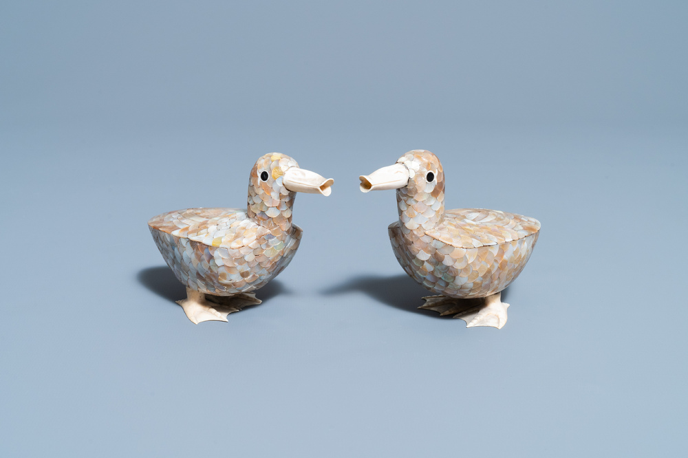 A pair of Chinese bone and mother-of-pearl models of ducks, 19th C.