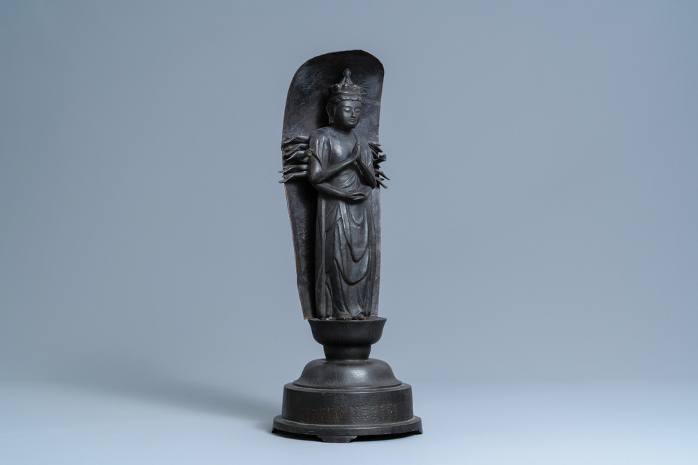 A Japanese inscribed bronze and copper alloy figure of Kanzeon Bosatsu, Edo