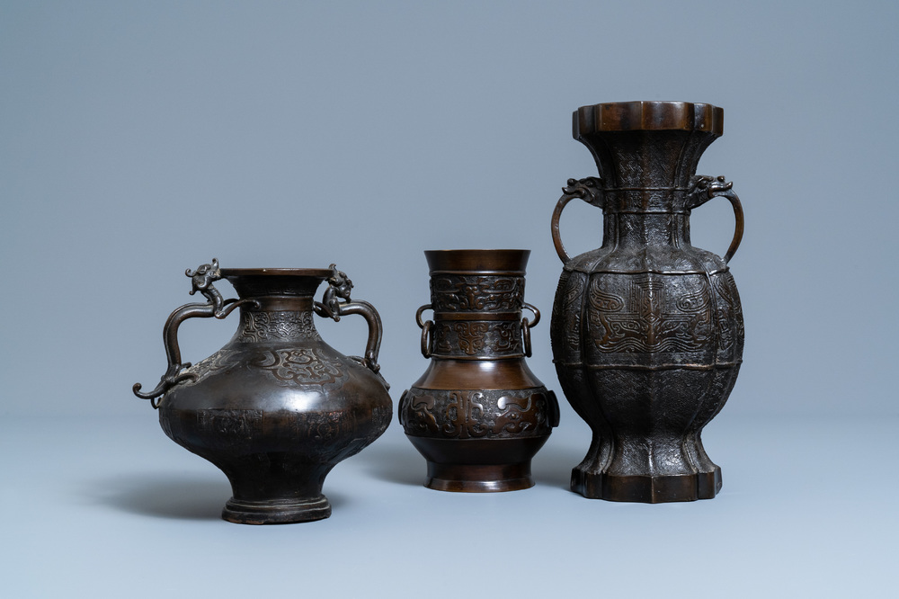 Three Chinese archaic bronze vases, 18/19th C.