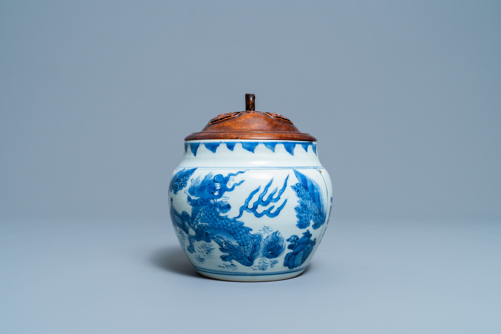 A Chinese blue and white 'qilin' censer, Transitional period