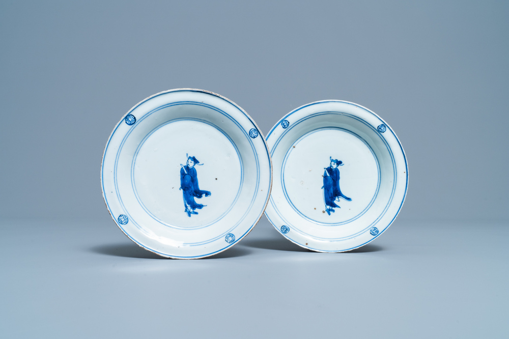 A pair of Chinese blue and white ko-sometsuke plates with scholars for the Japanese market, Tianqi