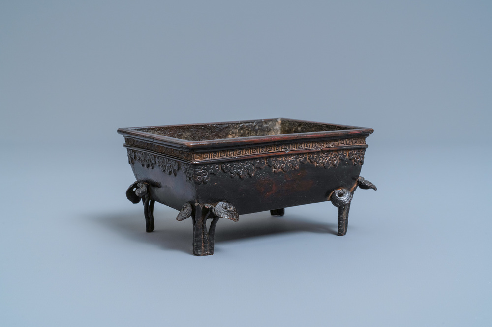 A Chinese rectangular lacquered bronze censer, Qing