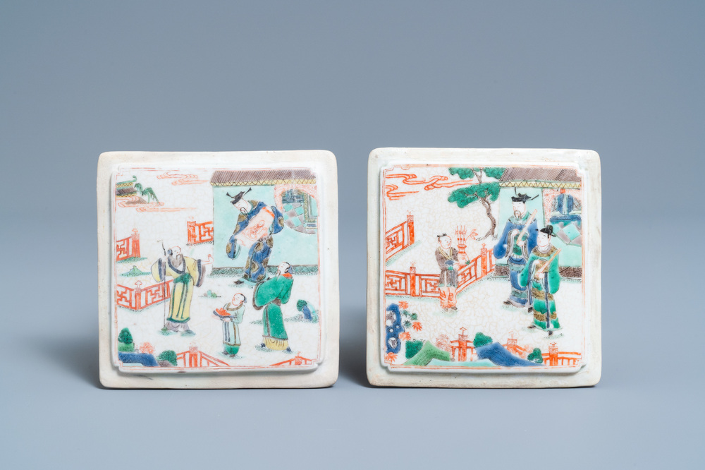 A pair of square Chinese famille verte plaques, Kangxi