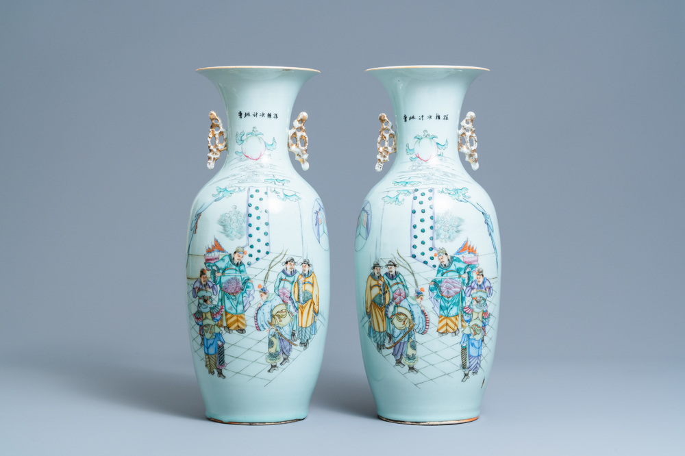 A pair of Chinese famille rose 'court scene' vases, 19/20th C.