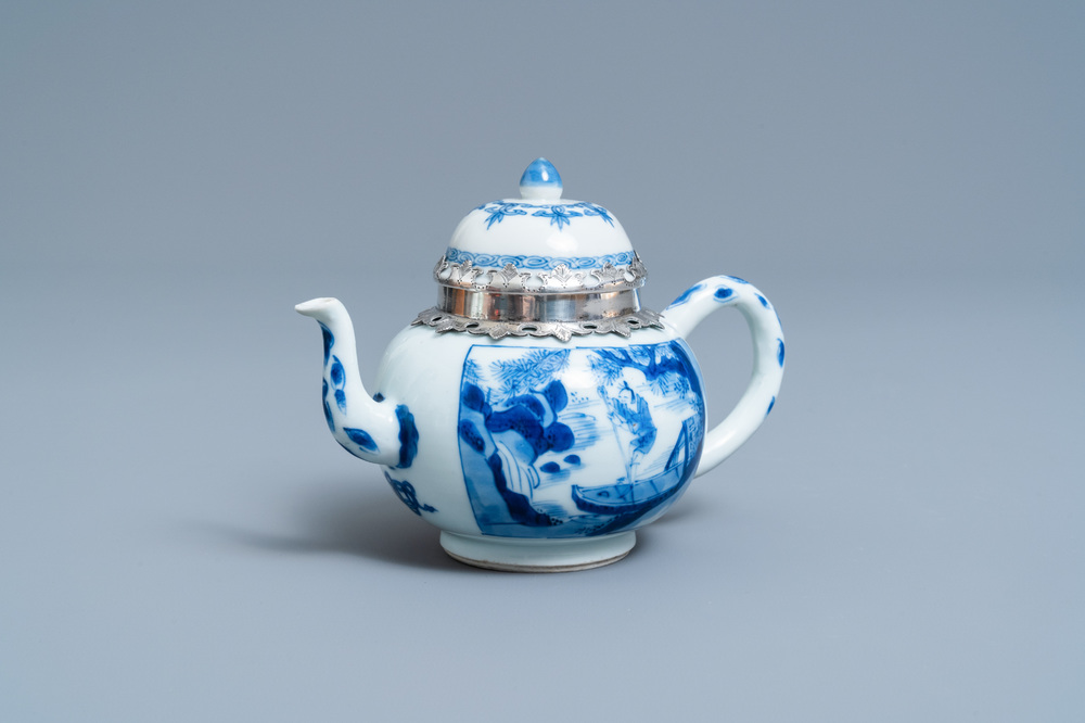 A Chinese blue and white silver-mounted teapot and cover, Kangxi
