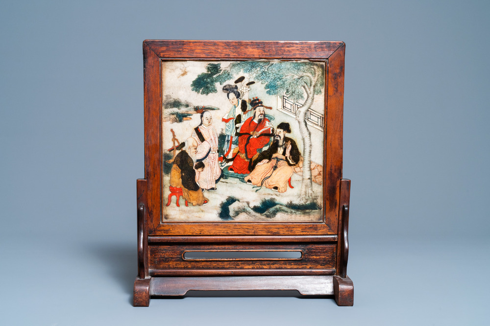 A Chinese wooden table screen with painted marble plaque, 19th C.