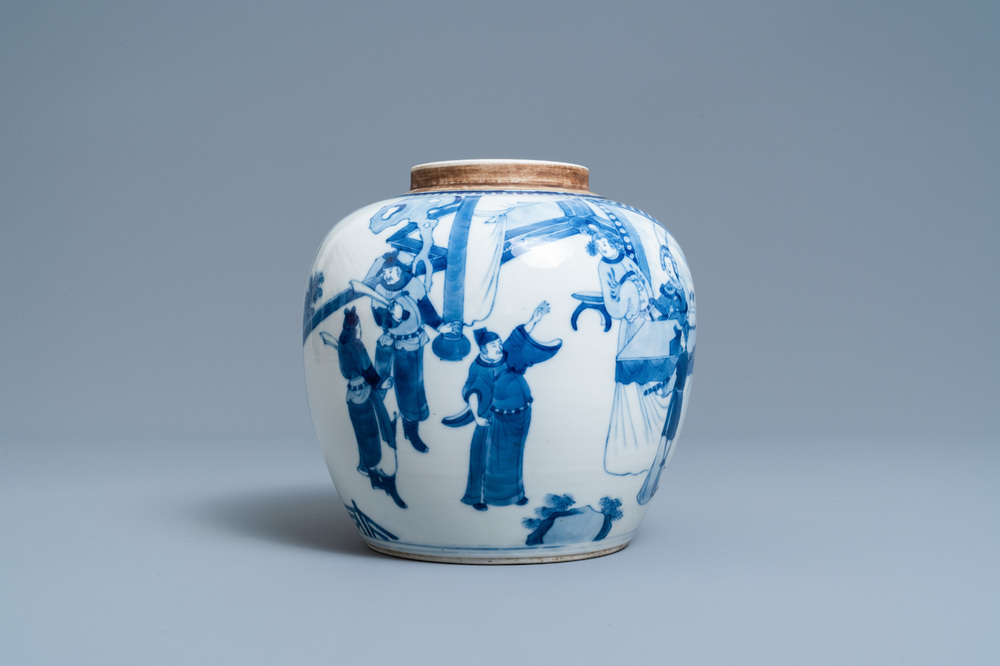 Un pot en porcelaine de Chine en bleu et blanc &agrave; d&eacute;cor figuratif, 19&egrave;me