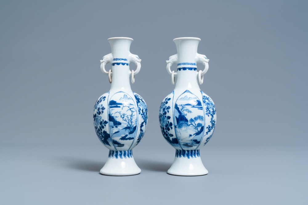 A pair of Chinese blue and white vases with elephant handles, Kangxi