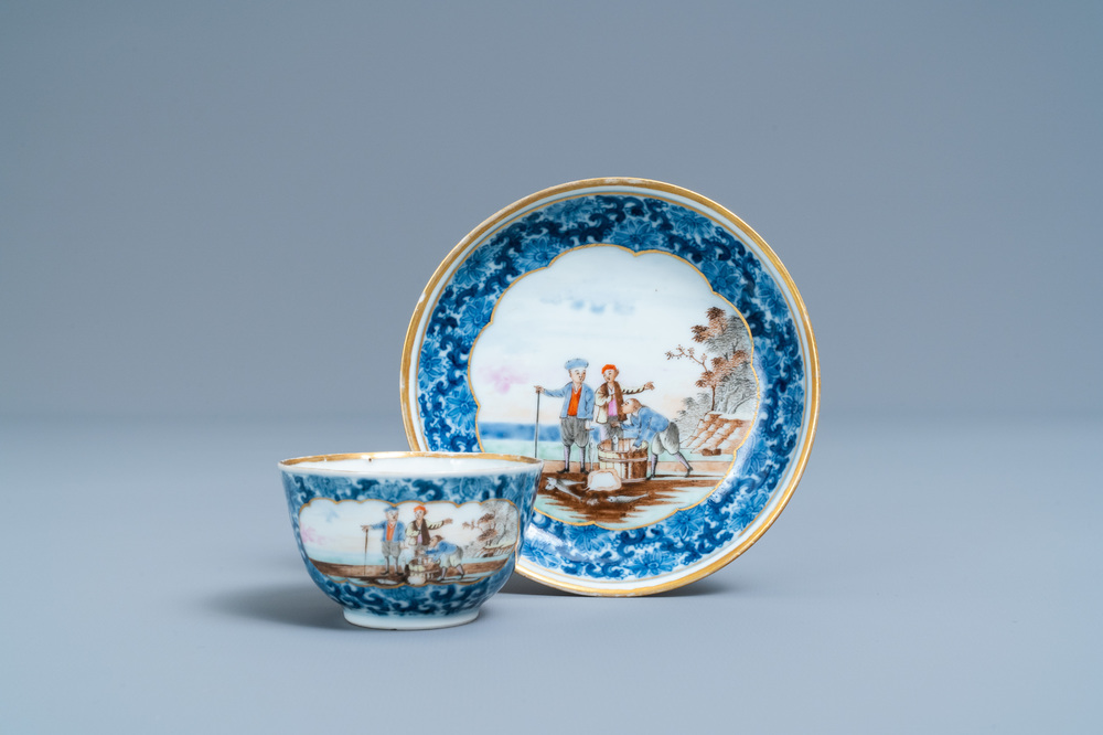 A Chinese export porcelain cup and saucer with a herring merchant, Qianlong