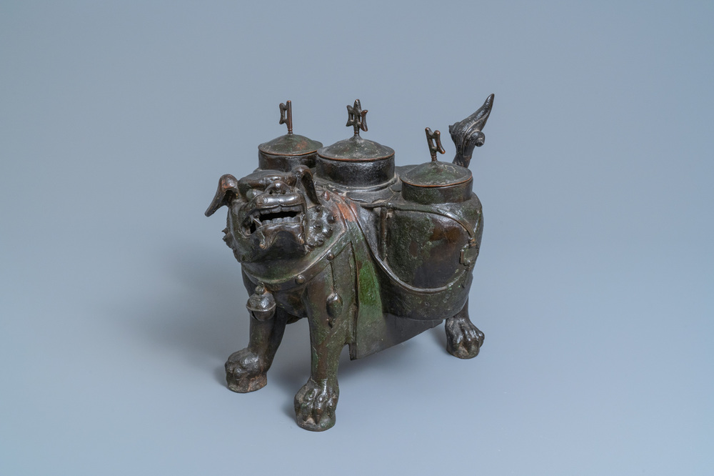 A large Chinese bronze 'lion' censer, Ming