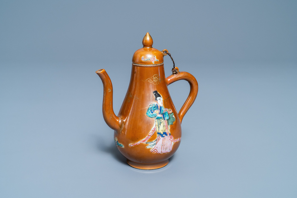 A Chinese famille rose capucin brown-ground ewer and cover, Yongzheng