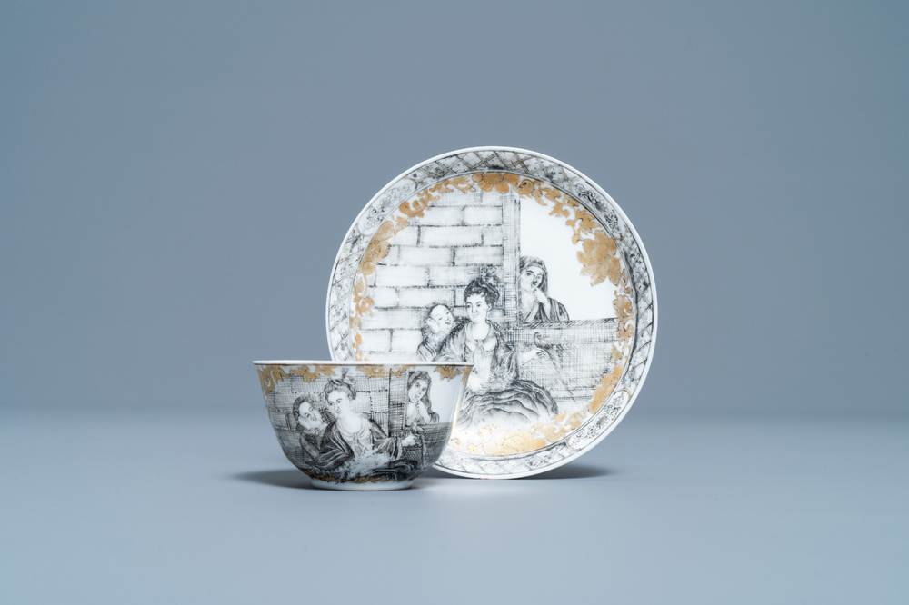 A Chinese grisaille and gilt 'European subject' cup and saucer, Qianlong