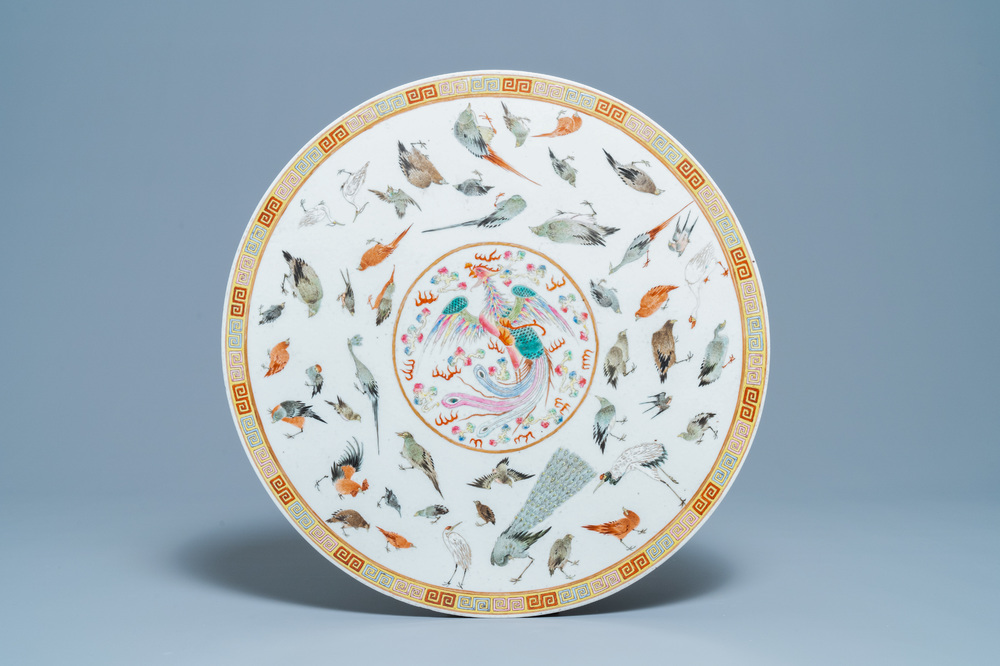 A large round Chinese famille rose 'birds' plaque, 19/20th C.