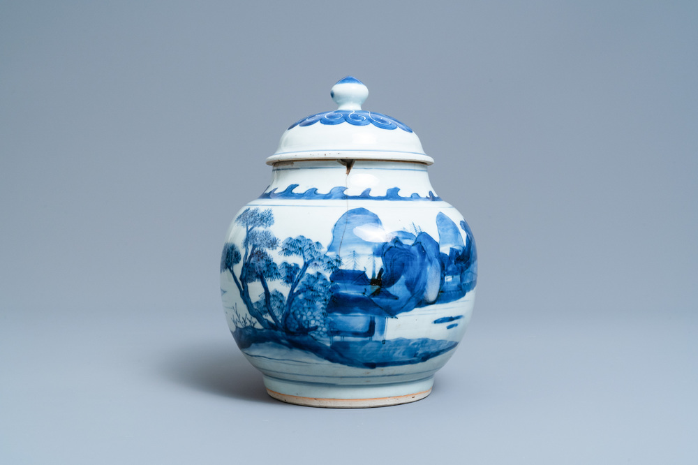 A Chinese blue and white 'landscape' jar and cover, Transitional period