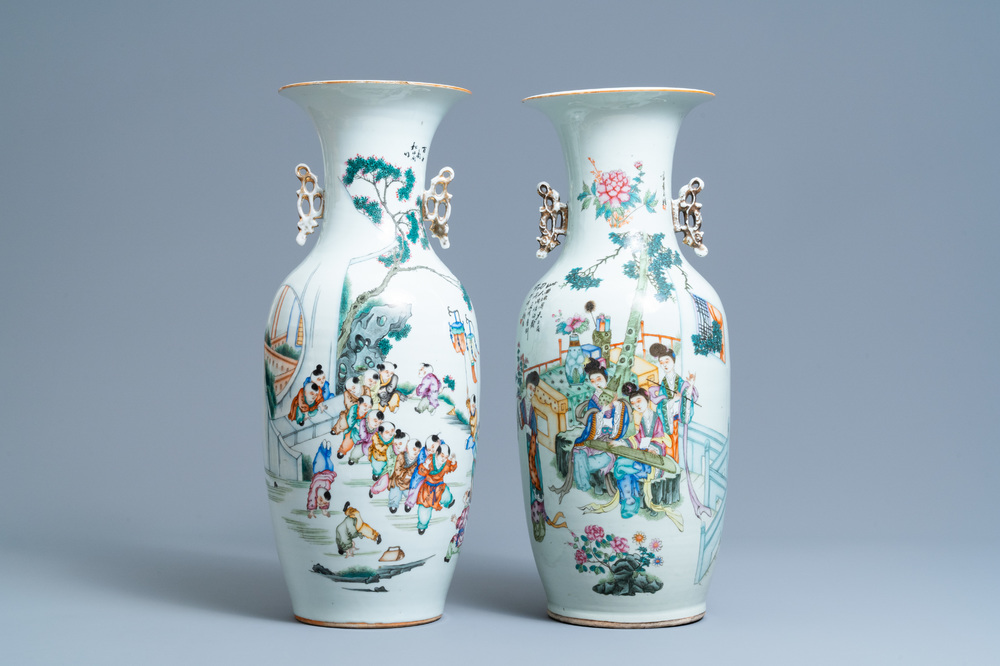 Two Chinese famille rose vases with playing boys and ladies playing music, 19/20th C.