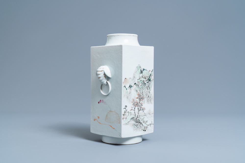A square Chinese qianjiang cai 'cong' vase, 19/20th C.