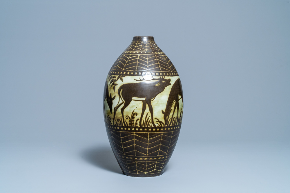 Charles Catteau for Boch Fr&egrave;res K&eacute;ramis: a large stoneware vase with deer, ca. 1930