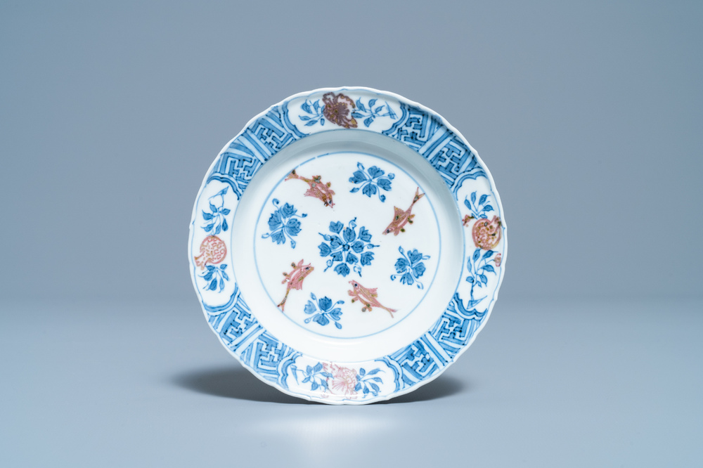 A Chinese blue, white and copper red 'fish' plate, Chenghua mark, Kangxi