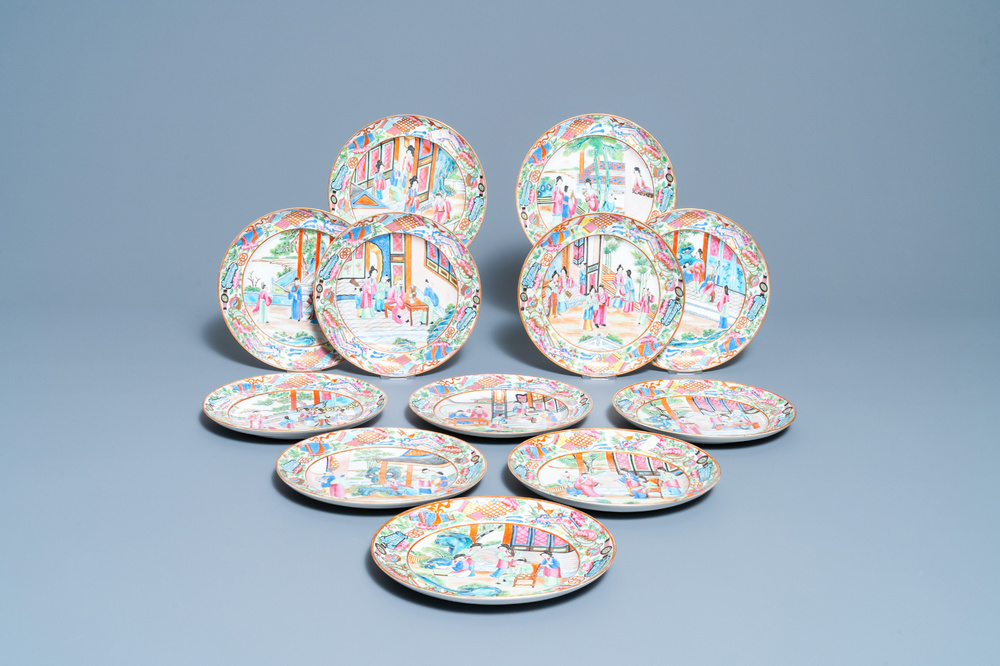 Twelve Chinese Canton famille rose plates, 19th C.