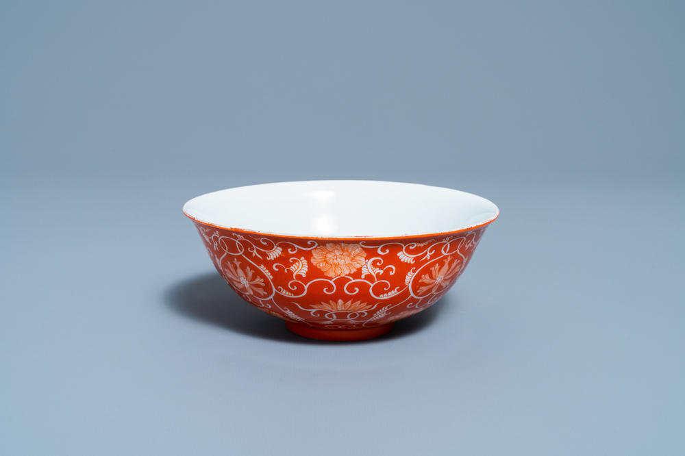 A Chinese coral red-ground bowl, Daoguang mark, Republic