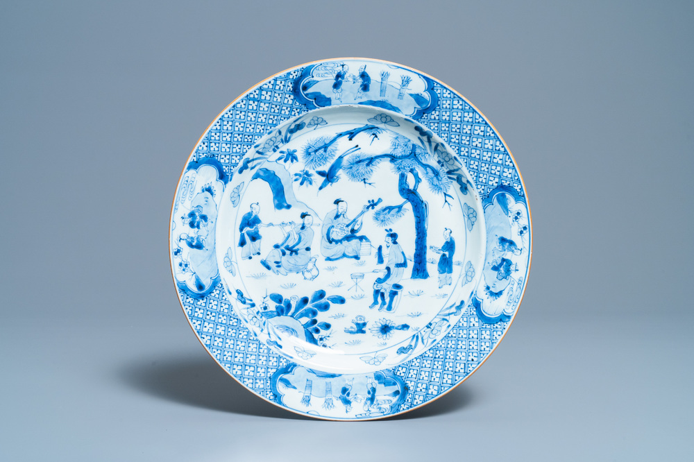 A Chinese blue and white 'musicians' dish, Kangxi