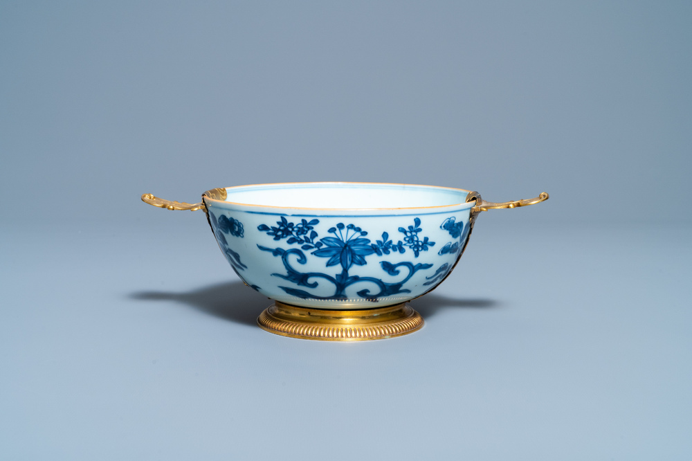 A Chinese blue and white Augsburg gilt-mounted bowl, ex- coll. August the Strong, Kangxi
