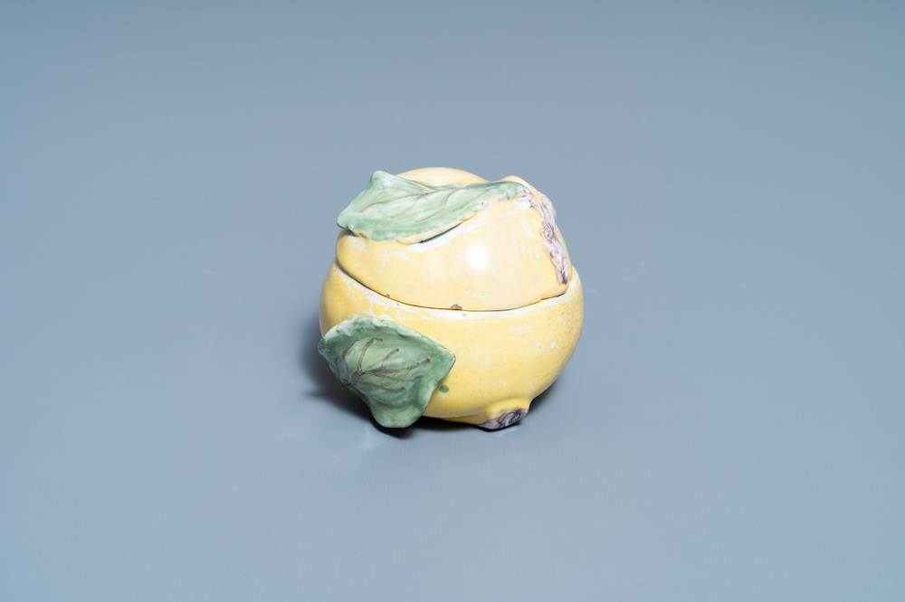 A small polychrome French faience apple-shaped tureen and cover, 18th C.