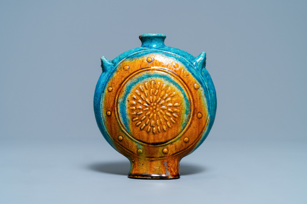 A Chinese turquoise- and ochre-glazed 'moonflask' vase, Ming