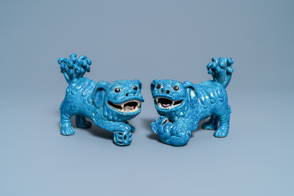 A pair of Chinese robin's egg-glazed models of Buddhist lions, 19th C.