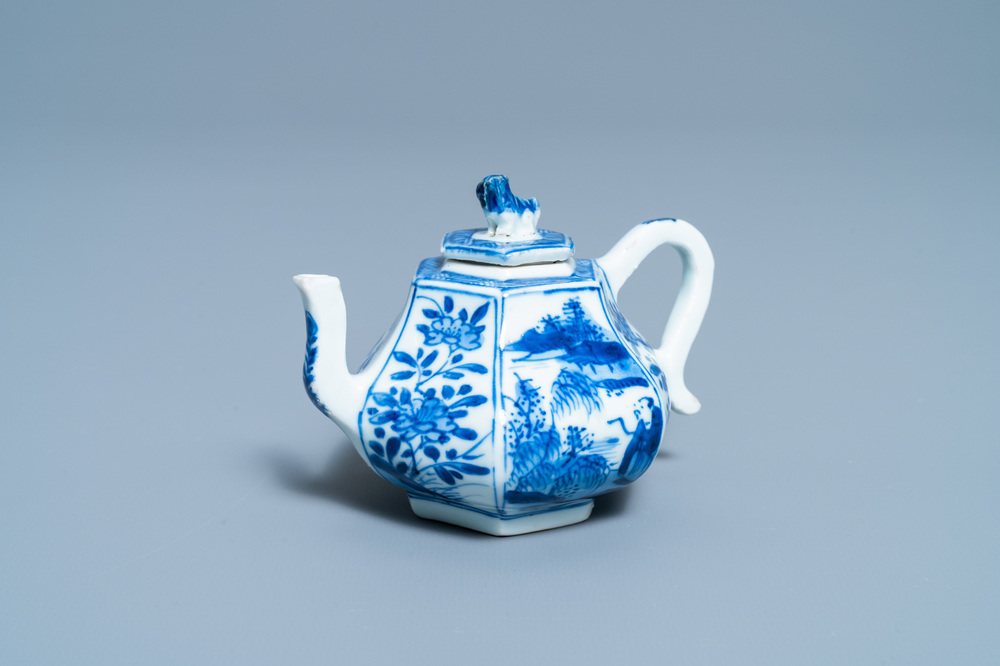 A Chinese hexagonal blue and white teapot and cover, Kangxi