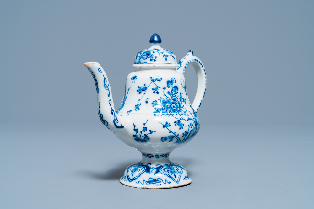 A rare Dutch Delft blue and white 'cadogan' ewer, 1st half 18th C.