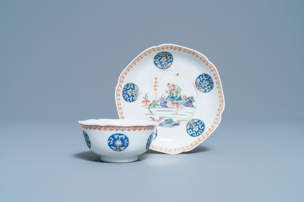 A Chinese famille rose 'Liu Hai' cup and saucer, Yongzheng