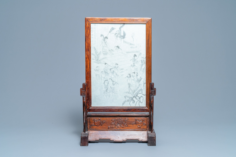 A Chinese wooden table screen with grisaille plaque, 19th C.