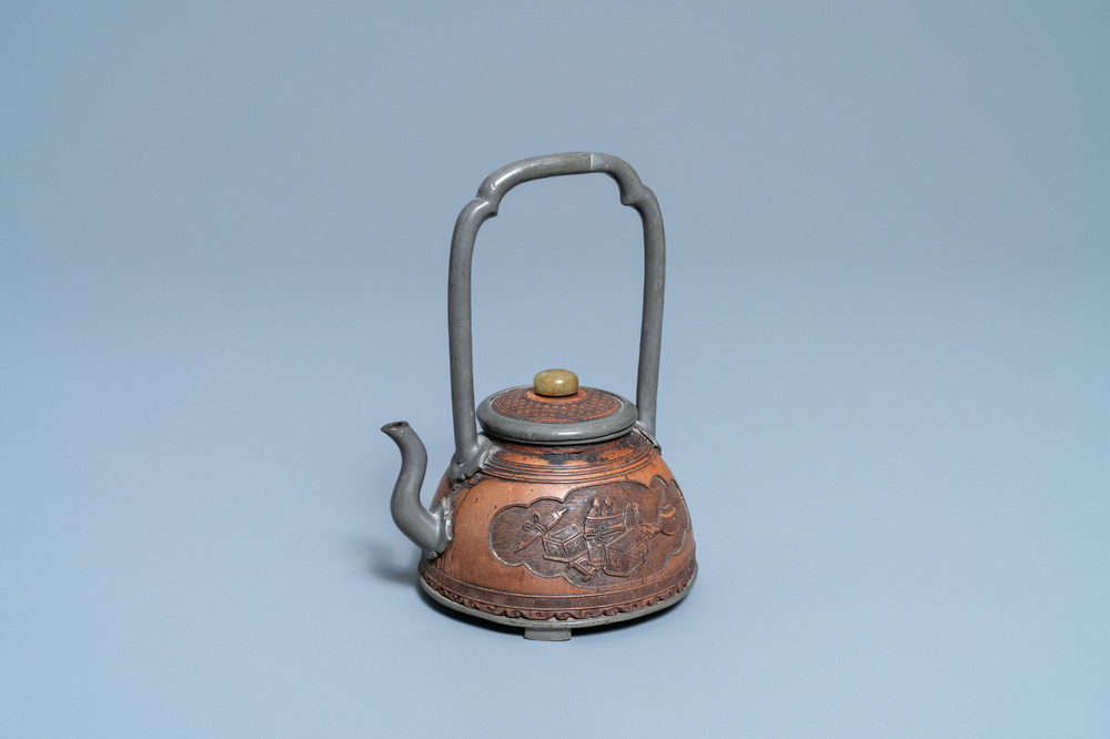 A rare Chinese jade-topped pewter-mounted coconut wine ewer, Kangxi