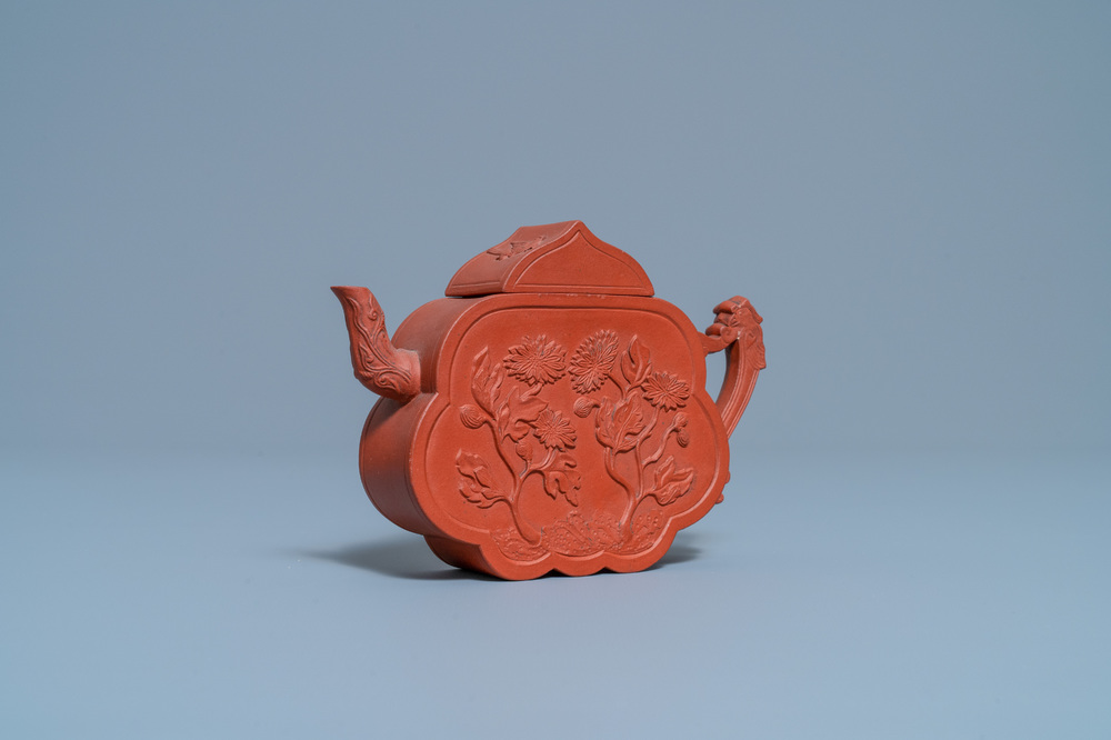 An unusual Chinese Yixing stoneware teapot and cover, Kangxi