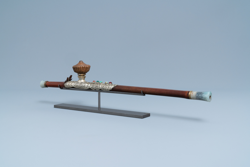 A Chinese bamboo, jadeite and Yixing stoneware opium pipe, 19th C.