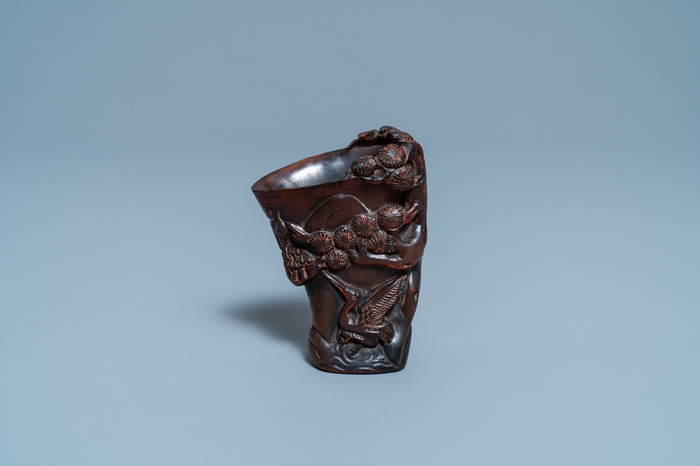 A Chinese carved horn libation cup, Jiaqing