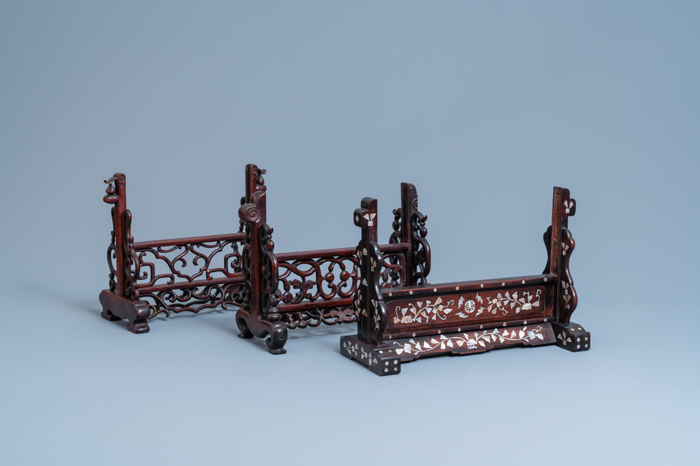 Three Chinese wooden table screen stands, 19th C.