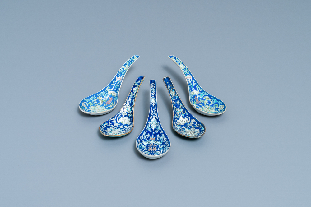 Five Chinese blue-ground spoons, incl. two pairs with Tongzhi marks and of the period