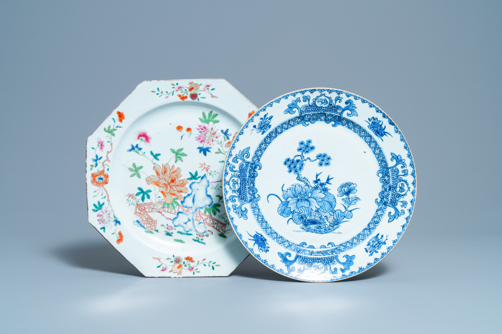 A Chinese octagonal famille rose dish and another in blue and white, Qianlong
